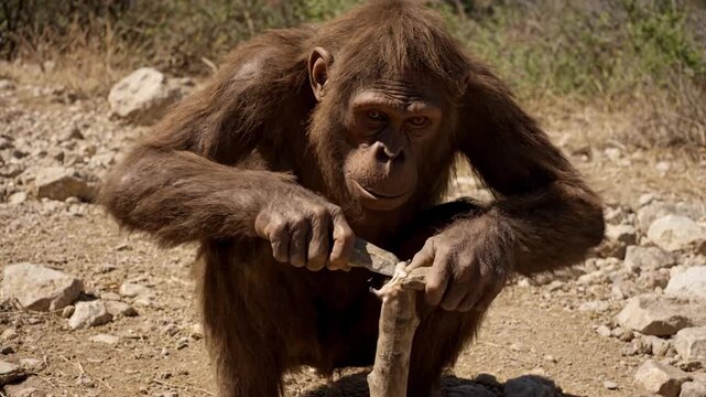 Prehistoric Primate Crafting Stone Tool in Natural Environment