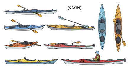 Set of colorful handdrawn kayaks shown from side and top views.