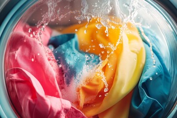 Close Up View of Vibrant Colorful Laundry Washing Inside a Washing Machine with Splashing Water and Bubbles