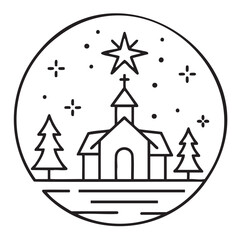 Obraz premium Black outline drawing of a small chapel with a cross, trees, and a starry night sky in a circular frame.
