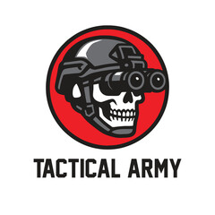 vector logo illustration of tactical skull wearing a modern military helmet with night vision goggles, placed inside a bold red circle background