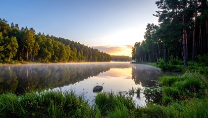 Morning view of a serene lake with mirrored reflections, framed by vibrant green trees and soft sunlight