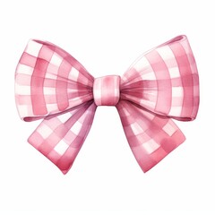 Soft pink checkered ribbon bow rendered in watercolor with delicate patterns and gentle hues