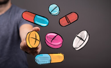 Colorful hand drawn pills and capsules illustration.  Perfect for healthcare, medicine, pharmacy, and drug concepts.