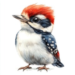 Cute Baby Woodpecker Perched Playfully in Simple Nursery Environment with Soft Feathers and Gentle Expression