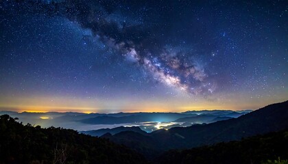 Fototapeta premium Night view of a vast, bright galaxy stretching across a dark sky, mountains below, and fog