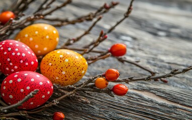 Colorful Easter Eggs in Red and Orange Nestled Among Willow Branches on Rustic Wooden Background