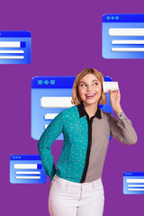 Banner image zine art pop trend collage of happy girl guy stand bubble correspondence cv icon webpage chat dialogue conversation