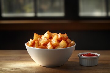 White Bowl Filled with Crispy French Fries Beside Small Ketchup Bowl on Rustic Wooden Surface