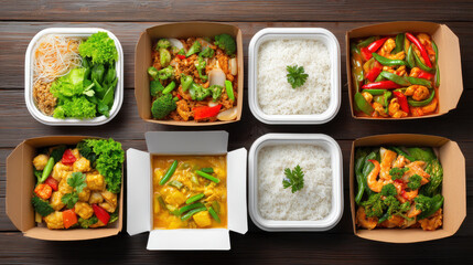 Various Asian cuisine dishes are artfully arranged in takeout containers on a dark wooden table, showcasing fresh ingredients and vibrant colors enticingly, for lunch.