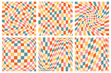 Six of colored wavy checkerboard in retro groovy style. Twisted, warped square background, checkered pattern with distorted effect. Psychedeliс geometric backdrop Y2k. Vector optical illusion EPS10