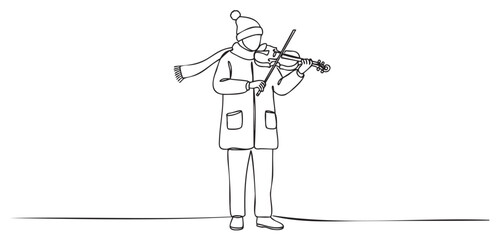 Obraz premium Simple black outline of an adult male playing the violin, wearing a beanie, scarf, and coat, embodying a minimal and artistic design.