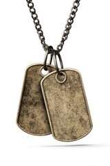 Two rectangular pendants, vintage and worn, hang from a dark chain against a white backdrop