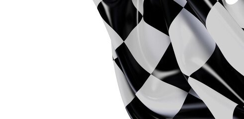 A striking image featuring a checkered flag waving gracefully against a clean, white backdrop,...