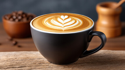 3d swirl pattern in coffee art creates heart shape in creamy foam on black cup with warm wooden background