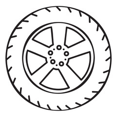 Black outline icon of a circular car tire with detailed tread pattern and central hubcap design.