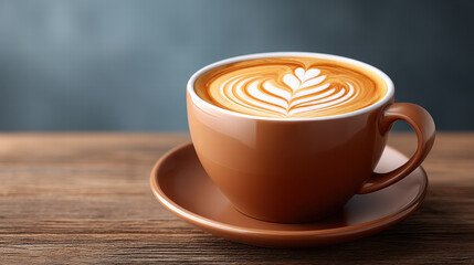 3d swirl pattern in coffee art creates beautiful heart shape in brown cup on wooden table