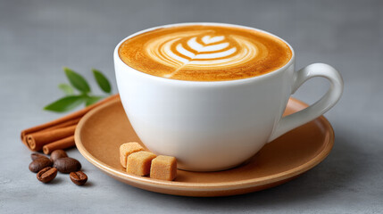 3d swirl pattern in coffee art creates beautiful design in white cup on brown saucer with sugar and cinnamon
