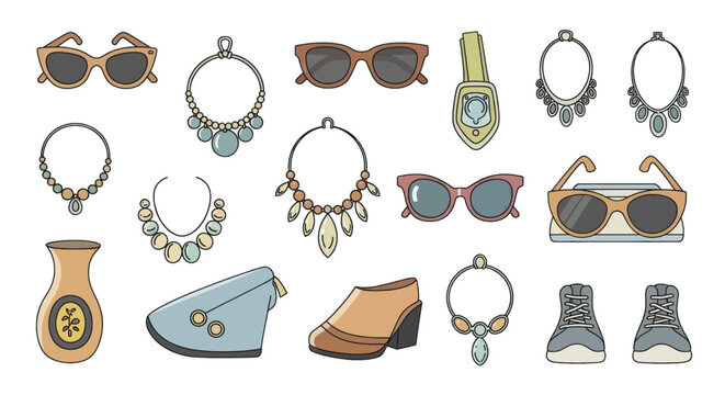 Set of colorful womens fashion accessories vector illustrations.