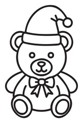 Simple black outline of a teddy bear wearing a festive hat and bow tie, designed for holiday themes and celebrations.