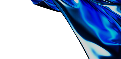 Close-up of shiny blue satin flowing fabric with abstract texture isolated on a white background....