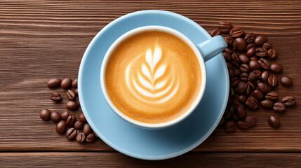3d swirl pattern in coffee art creates beautiful design in blue cup on wooden table with coffee bean