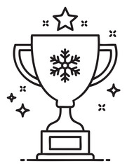 Black outline vector icon of a trophy cup with a snowflake emblem and a star on top, symbolizing achievement and excellence.