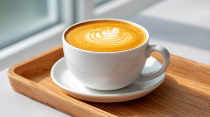 3d swirl pattern in coffee art creates calming visual in white cup on wooden tray by window