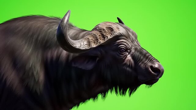 Powerful Cape Buffalo Portrait Against Vibrant Green Backdrop for Wildlife Enthusiasts