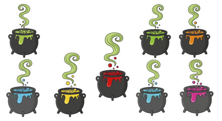 Set of colorful cartoon witch cauldrons with bubbling potions and steam isolated on a white background.