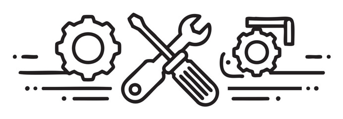 Black outline icon of a crossed screwdriver and wrench surrounded by two gears, symbolizing tools and mechanical maintenance.