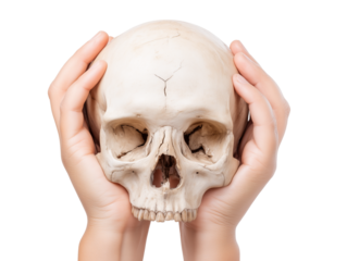 Close-up of female hands cradling a human skull on transparent background