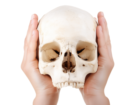 Human skull cradled between two hands on transparent background - Powered by Adobe