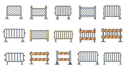 Set of various crowd control barriers and temporary fences.