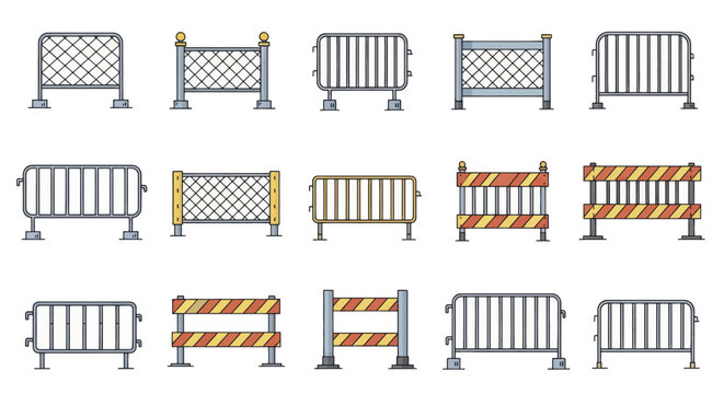 Set of various crowd control barriers and temporary fences.