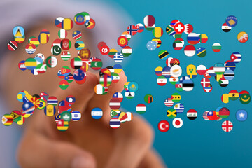 Hand interacting with multiple world flags representing global concept, unity and understanding between nations. Visual representation of global