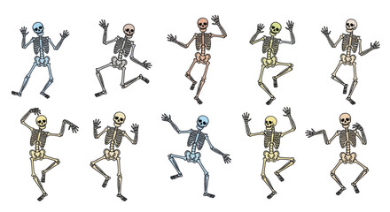 Set of ten colorful cartoon skeletons dancing joyfully.