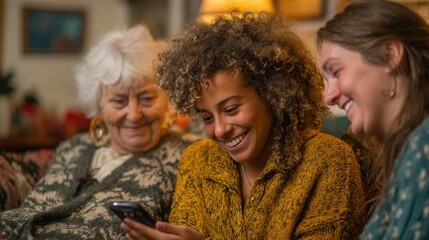 Fototapeta premium Group of three women sharing a joyful moment watching something on a smartphone together at home
