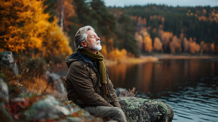 Older man with gray hair sitting on rocks by a lake enjoying the autumn scenery with eyes closed
