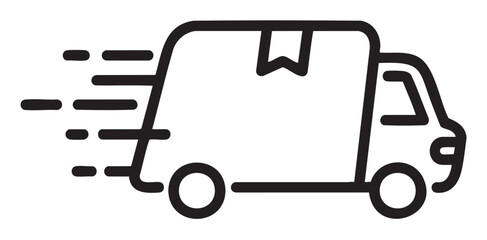 Black outline icon of a delivery van with speed lines and a package symbol, representing fast shipping and logistics.