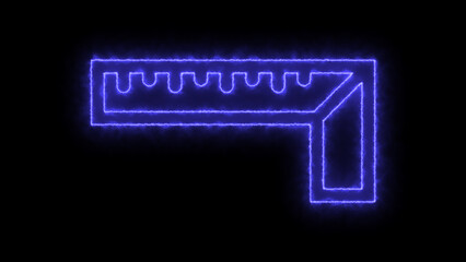 glowing blue neon outline of a carpenter's square measuring tool with markings isolated on black background for construction and design