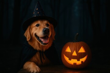 Festive halloween dog wearing witch hat spooky woods animal photography nighttime close-up fun concept