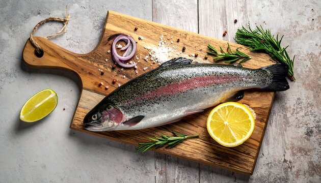 Raw, whole trout with lemon and rosemary on a wooden cutting board, garnished with red onion and salt