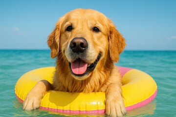 Playful golden retriever enjoys summer fun in the ocean beach setting dog photography bright mood