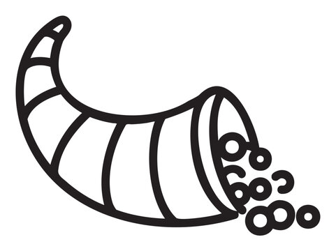 Black outline vector icon of a simple cornucopia with scattered round fruits. minimal linear illustration for harvest, thanksgiving, and abundance concepts.