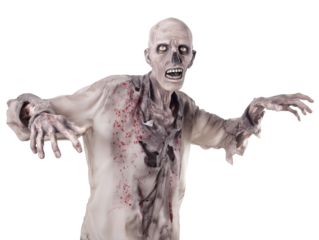 Grotesque zombie figure with decaying skin and dried blood stains on transparent background