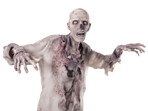 Grotesque zombie figure with decaying skin and dried blood stains on transparent background