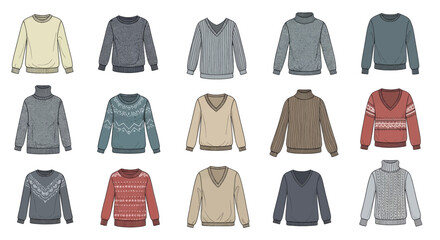 Vector set of mens sweaters pullovers and jumpers isolated on a white background.