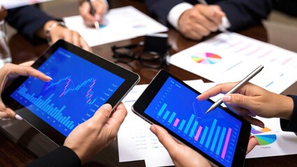 Business meeting with digital charts on tablets and phones.