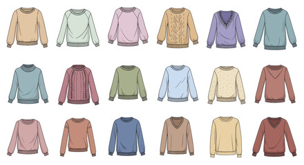 Set of colorful warm sweaters and pullovers for autumn and winter.
